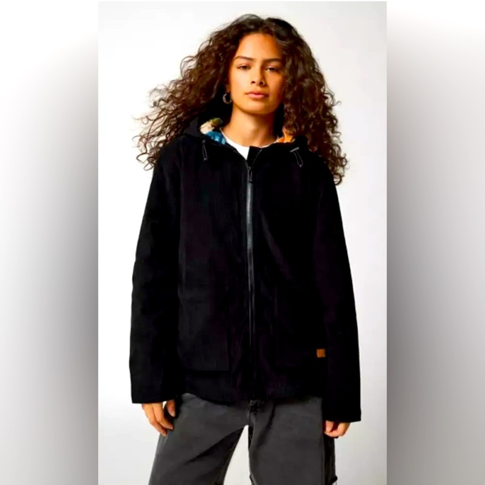 Hurley corduroy black hooded coat with satin contrast lining. New XS